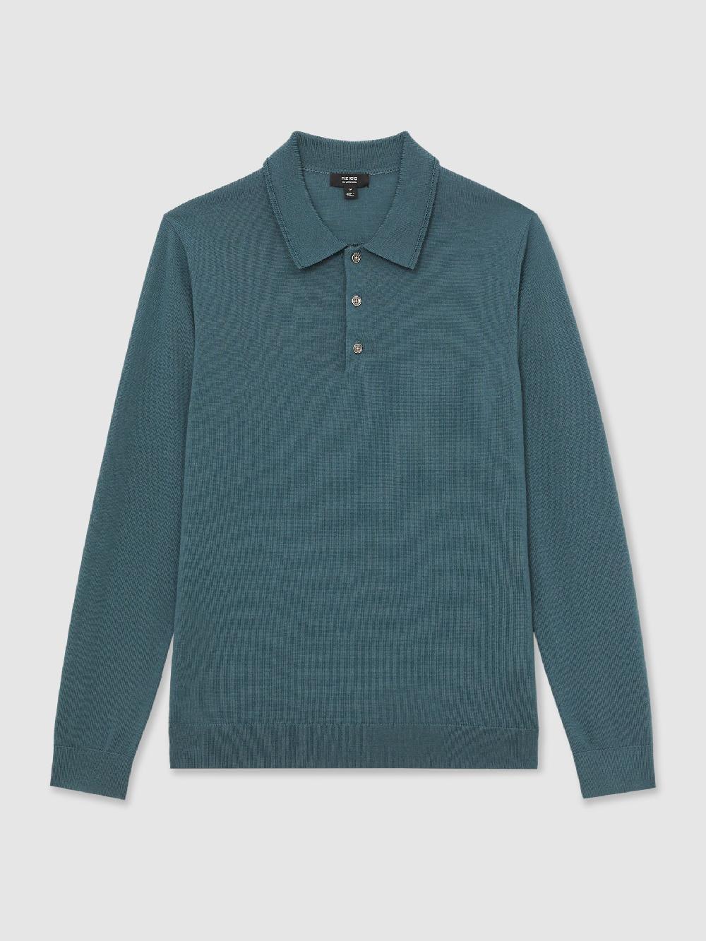 Reiss Merino Wool Long-Sleeve Polo Shirt In Orion Blue