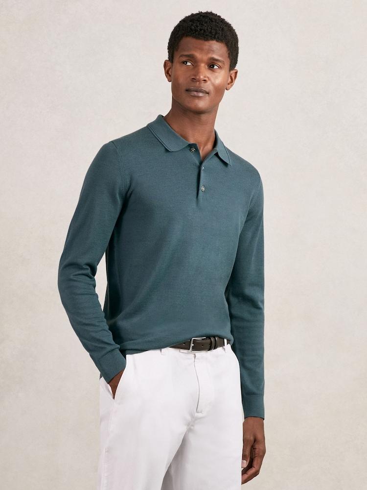 reiss Merino Wool Long-Sleeve Polo Shirt in Orion Blue