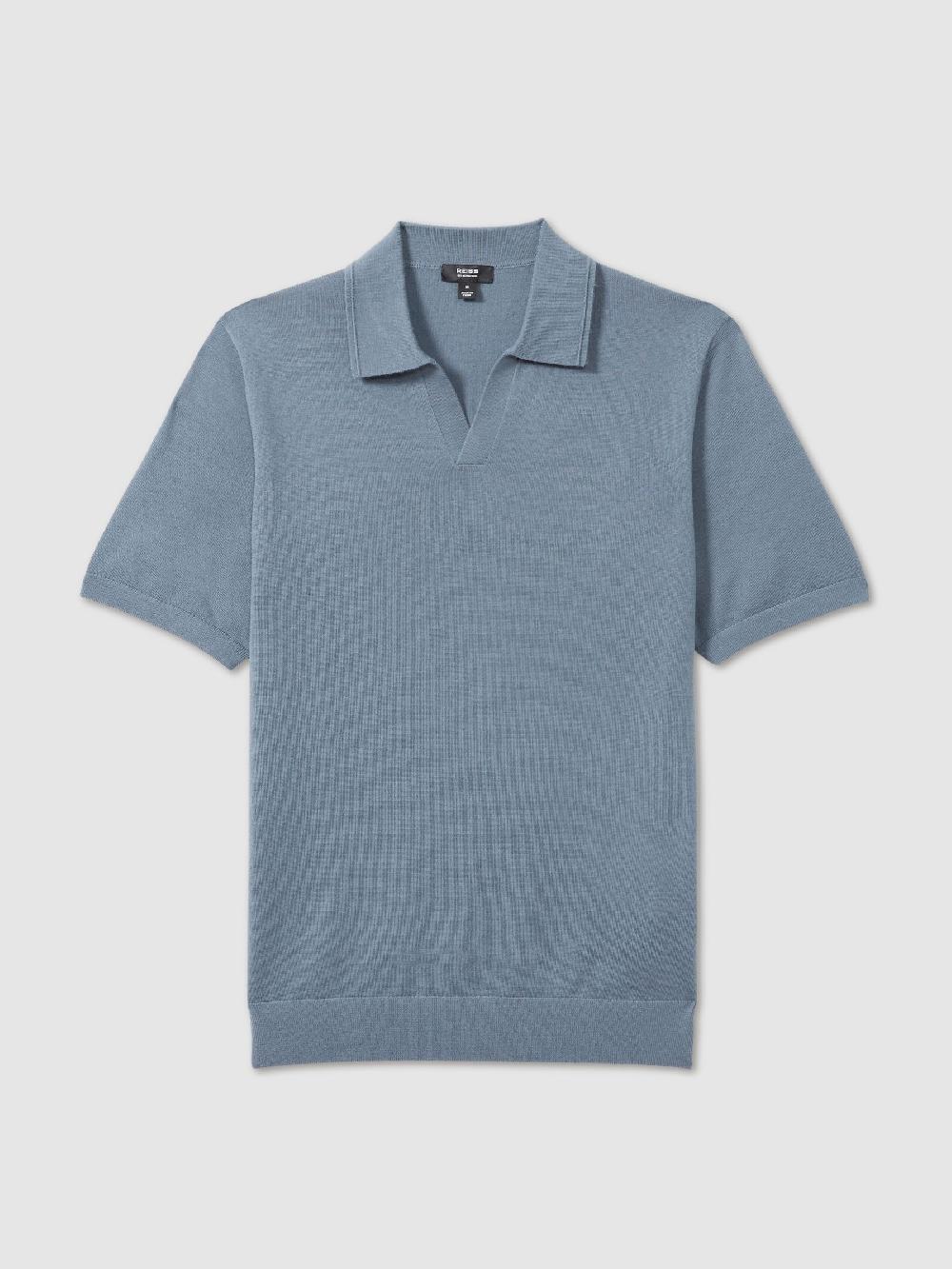 Reiss Merino Wool Open Collar Polo Shirt In Airforce Blue