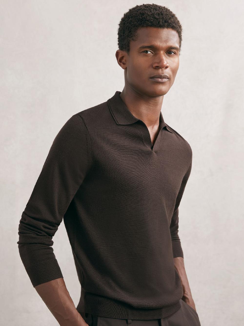 Reiss Merino Wool Open-Collar Polo Shirt In Chocolate Brown