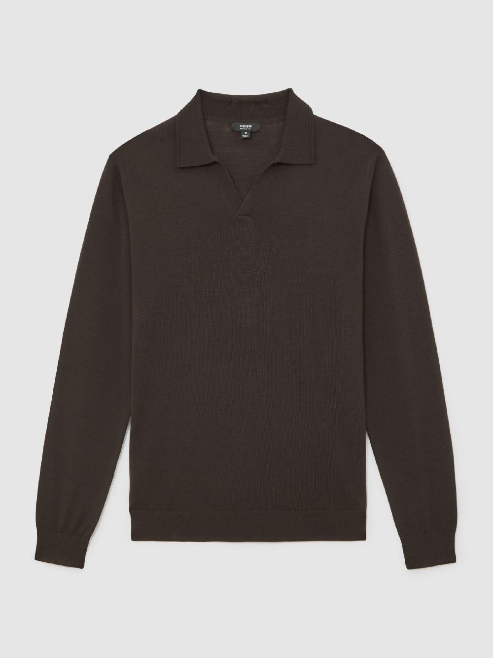 Reiss Merino Wool Open-Collar Polo Shirt In Chocolate Brown