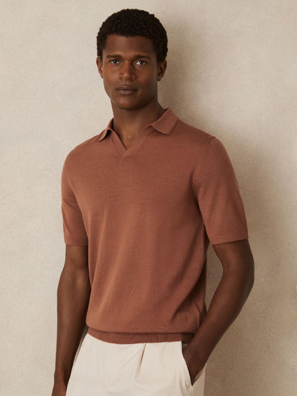 Reiss Merino Wool Open-Collar Polo Shirt In Cinnamon Brown