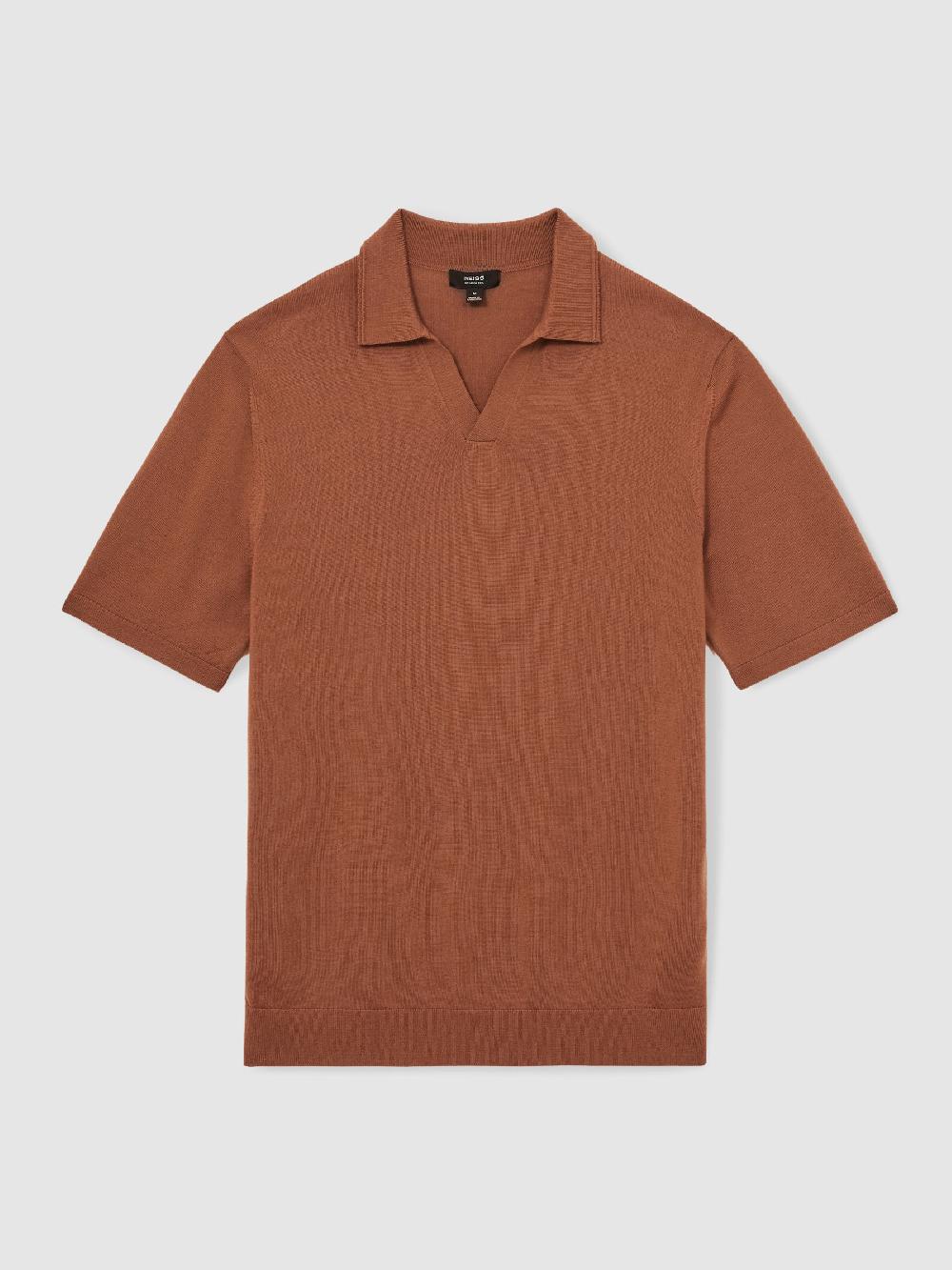 Reiss Merino Wool Open-Collar Polo Shirt In Cinnamon Brown