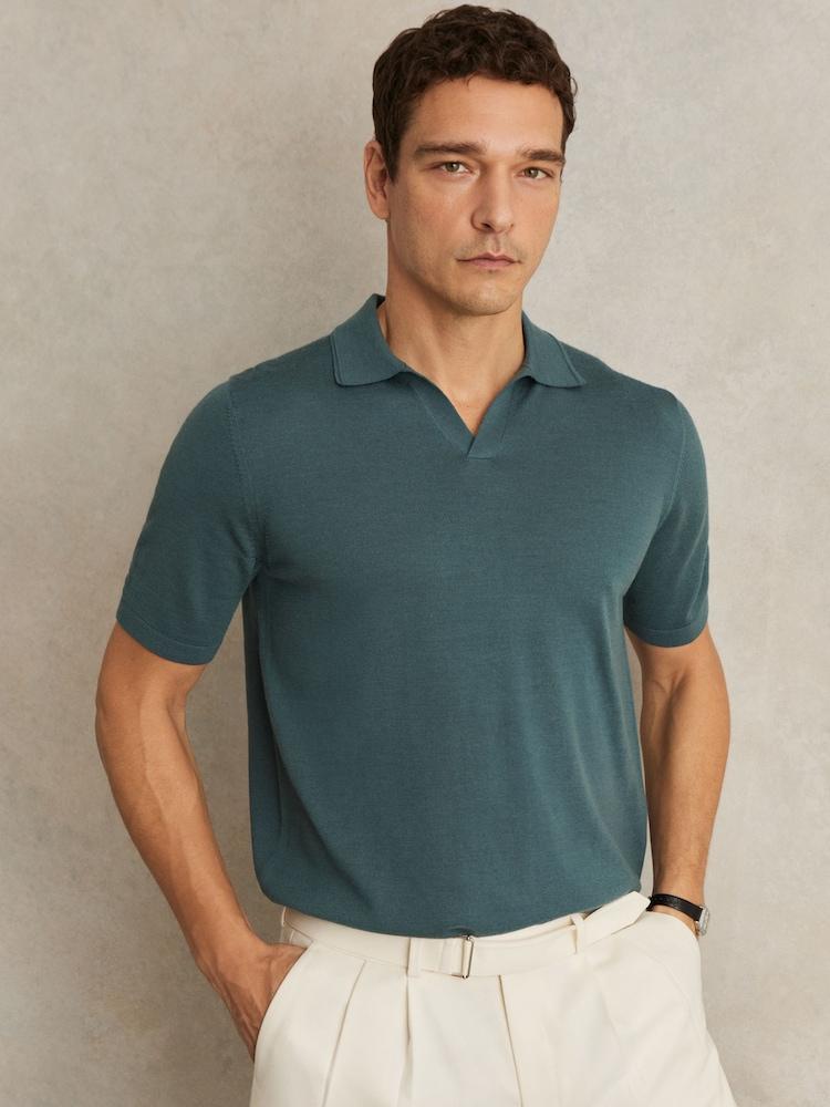reiss Merino Wool Open-Collar Polo Shirt in Orion Blue