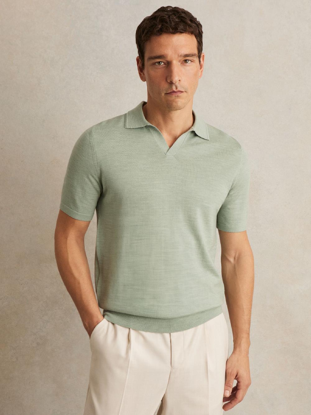 Reiss Merino Wool Open-Collar Polo Shirt In Sage Green Melange