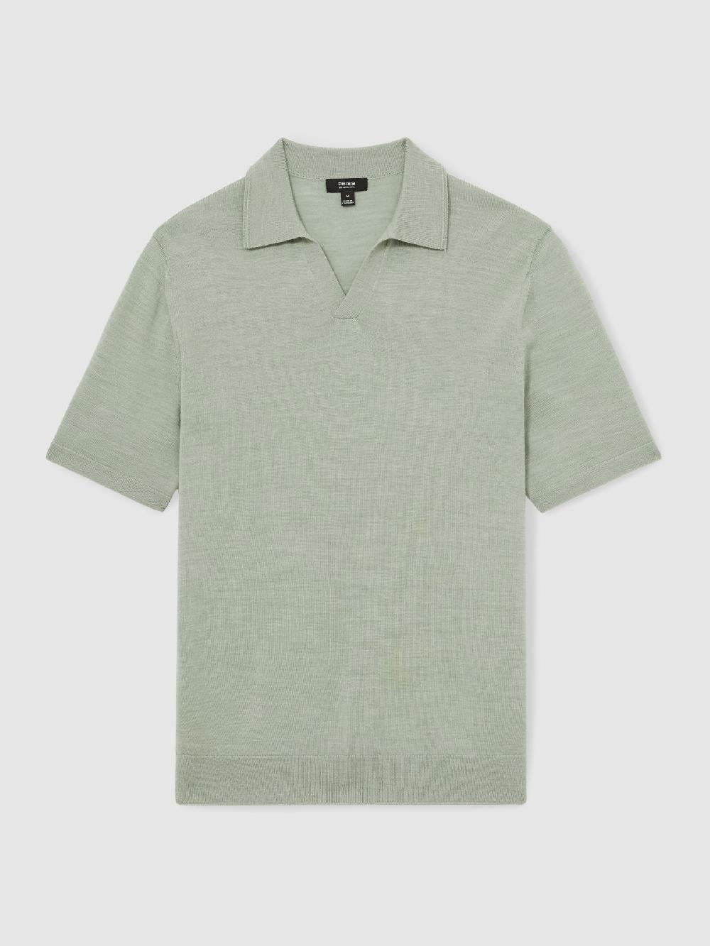 Reiss Merino Wool Open-Collar Polo Shirt In Sage Green Melange