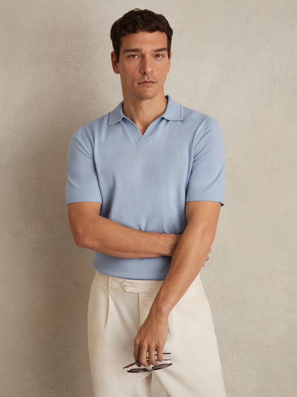 Reiss Merino Wool Open-Collar Polo Shirt In Soft Blue