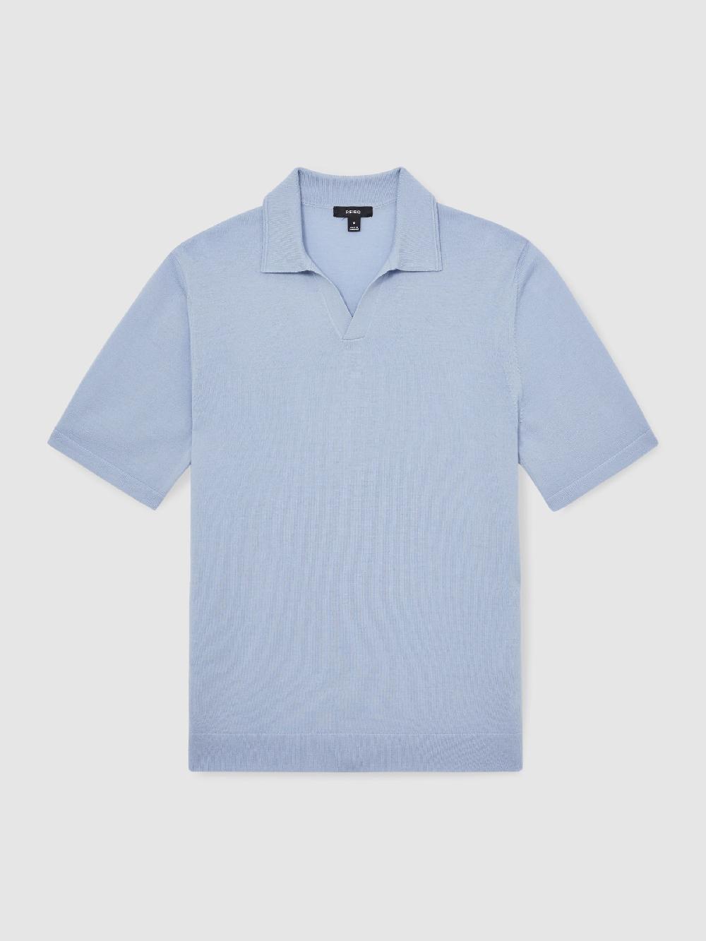 Reiss Merino Wool Open-Collar Polo Shirt In Soft Blue