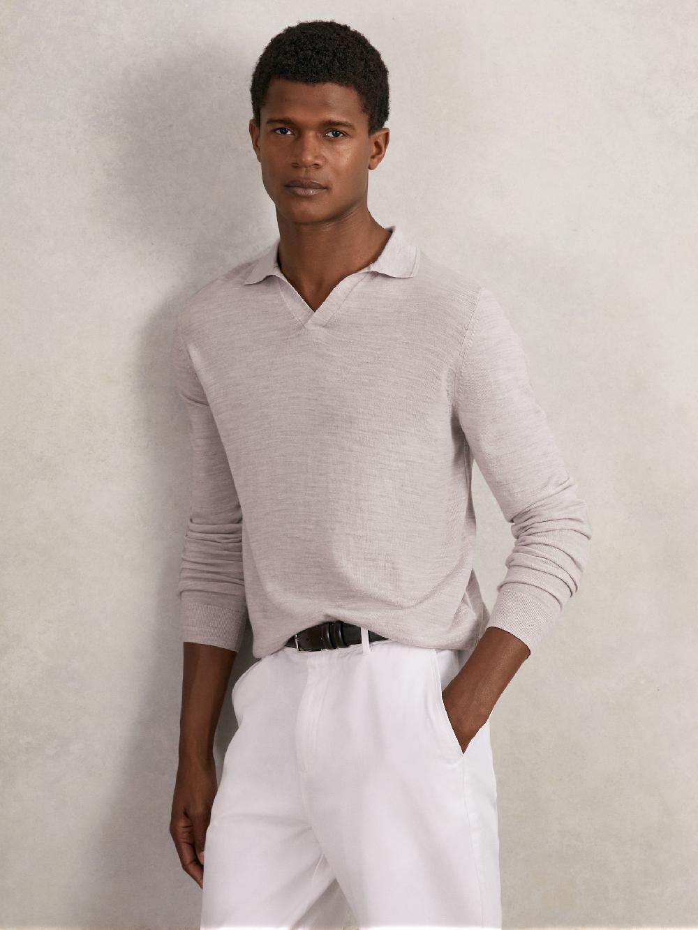 Reiss Merino Wool Open-Collar Polo Shirt In Wicker Brown Melange