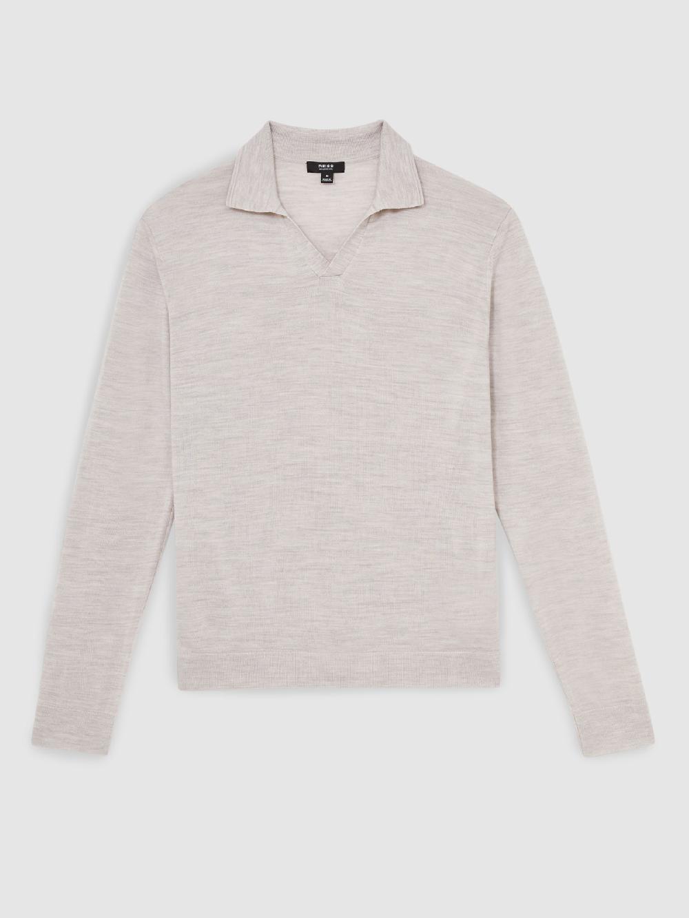 Reiss Merino Wool Open-Collar Polo Shirt In Wicker Brown Melange