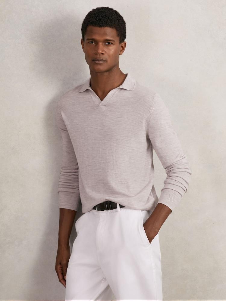 reiss Merino Wool Open-Collar Polo Shirt in Wicker Brown Melange