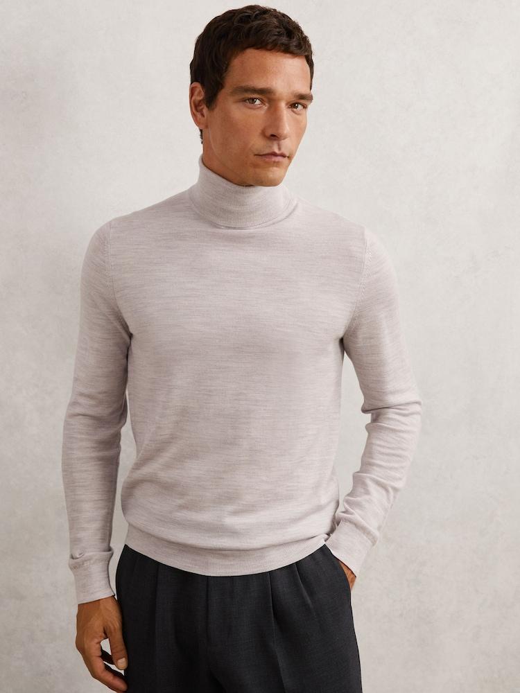 reiss Merino Wool Roll-Neck Jumper in Wicker Brown Melange