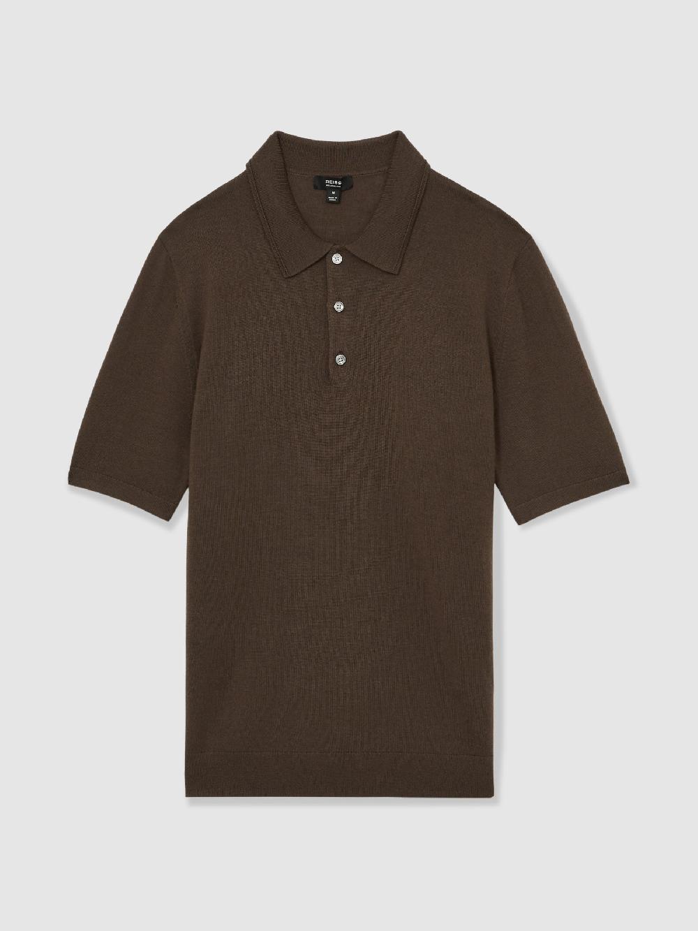 Reiss Merino Wool Short-Sleeve Polo Shirt In Chocolate Brown