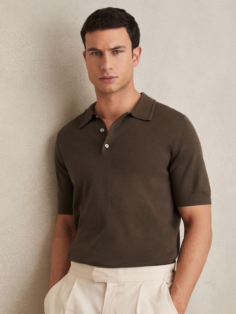 reiss Merino Wool Short-Sleeve Polo Shirt in Chocolate Brown