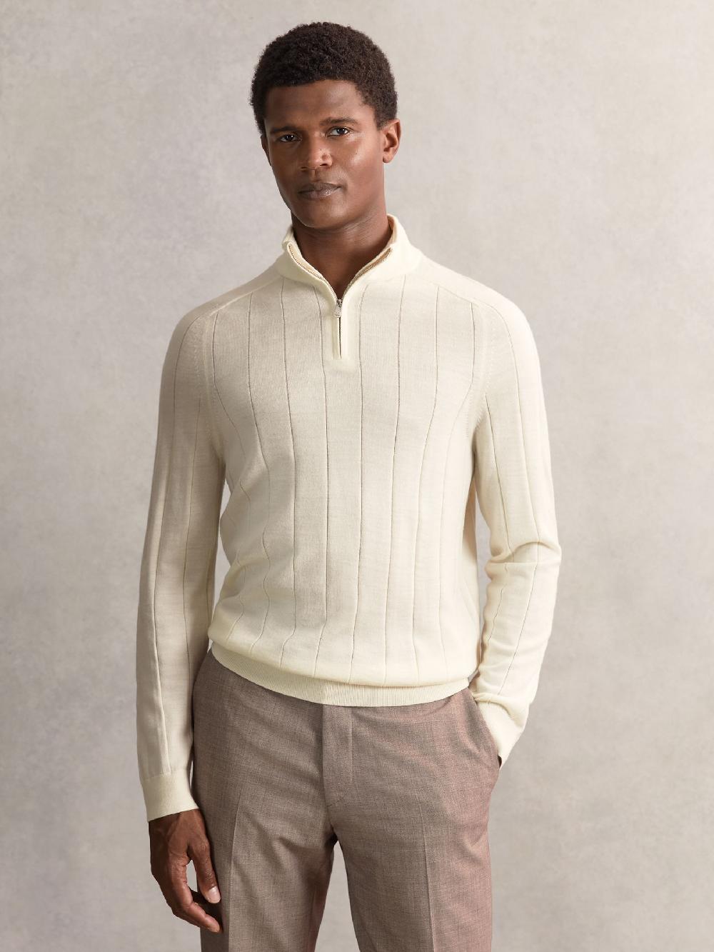 Reiss Merino Wool Wide-Rib Half-Zip Jumper In Bianco