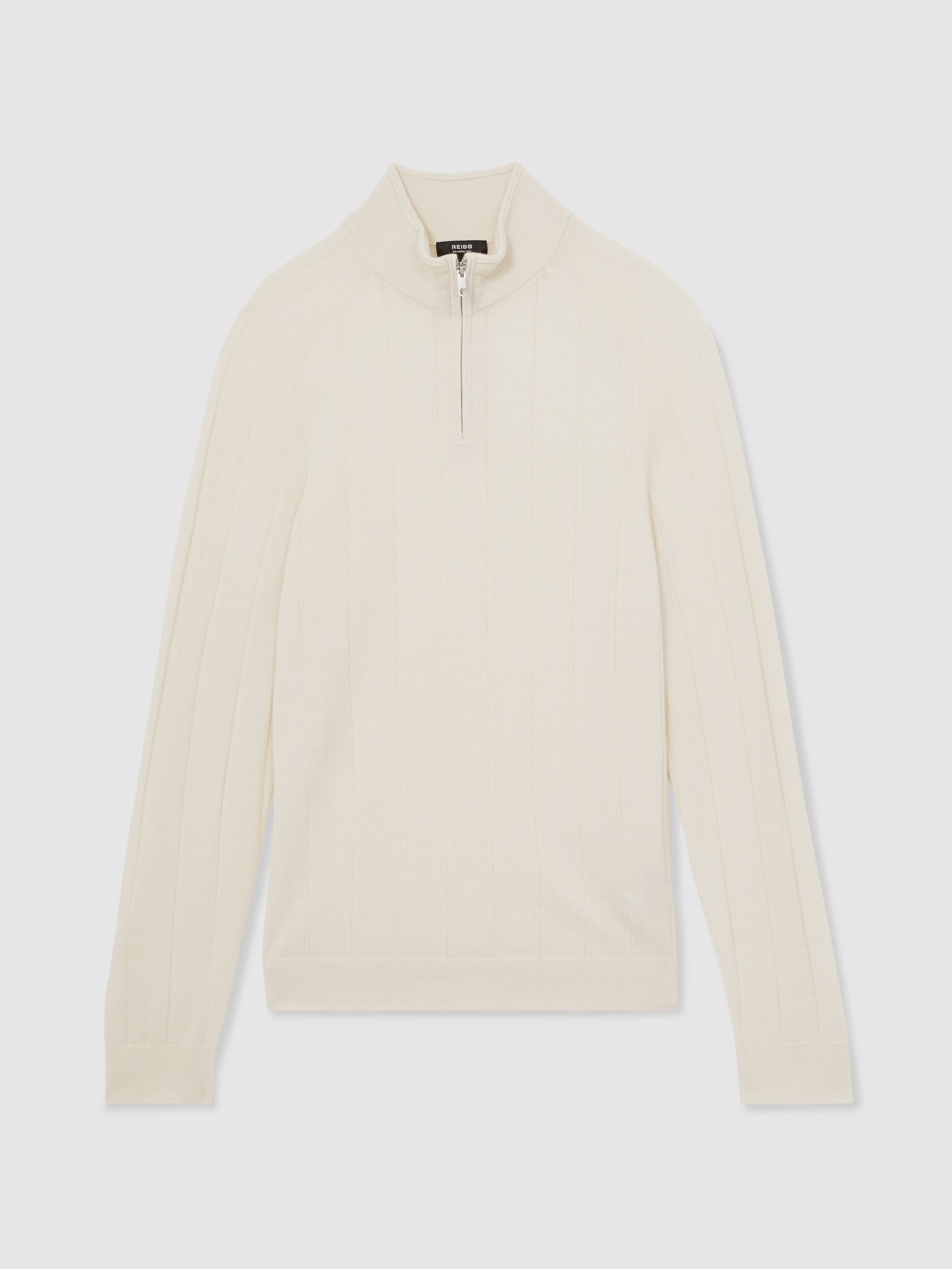 Reiss Merino Wool Wide-Rib Half-Zip Jumper In Bianco