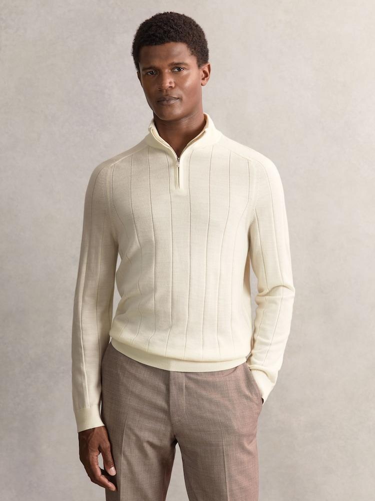 reiss Merino Wool Wide-Rib Half-Zip Jumper in Bianco
