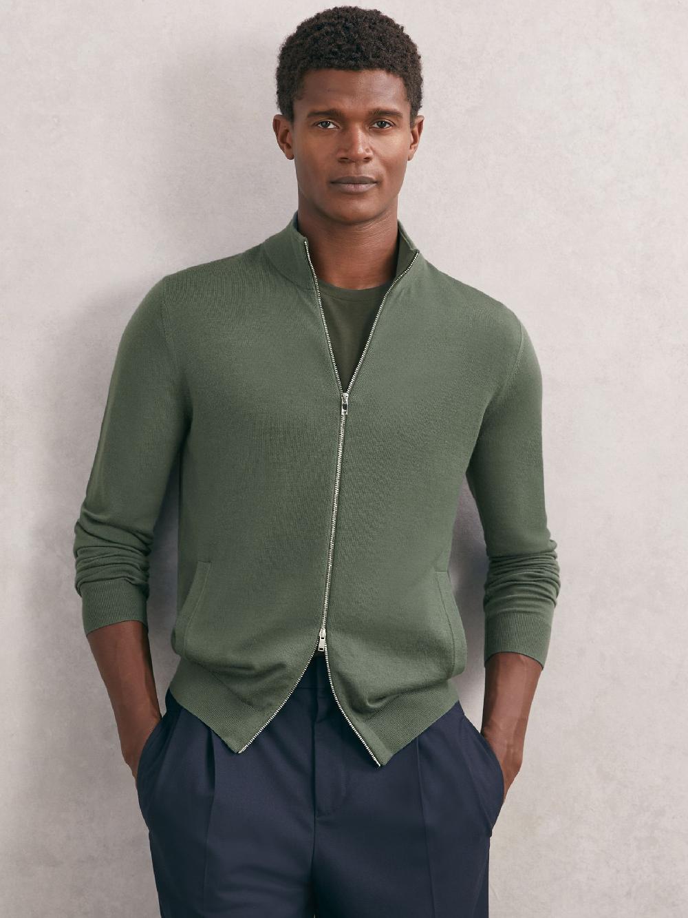 Reiss Merino Wool Zip-Through Cardigan In Kale Green