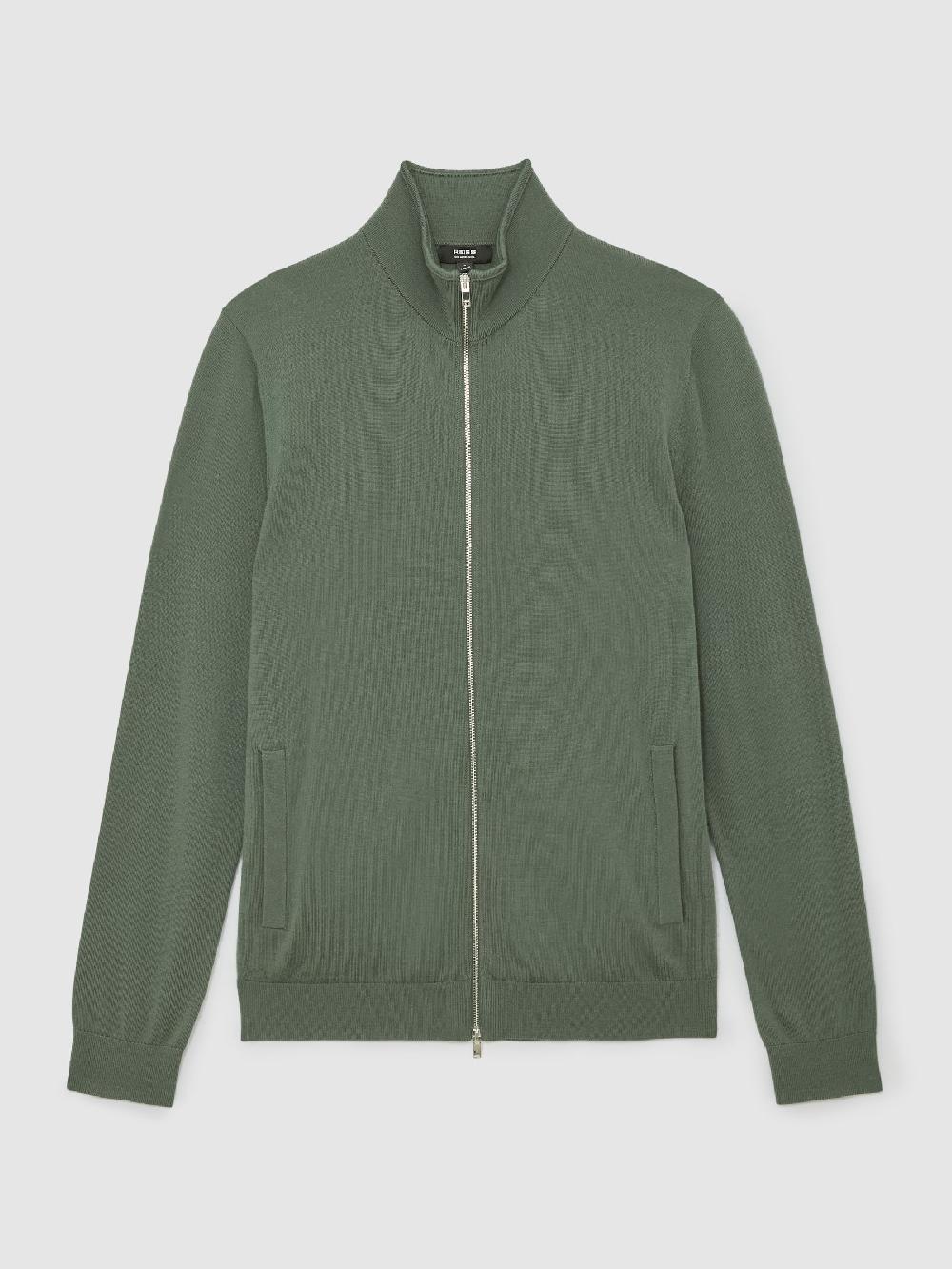 Reiss Merino Wool Zip-Through Cardigan In Kale Green