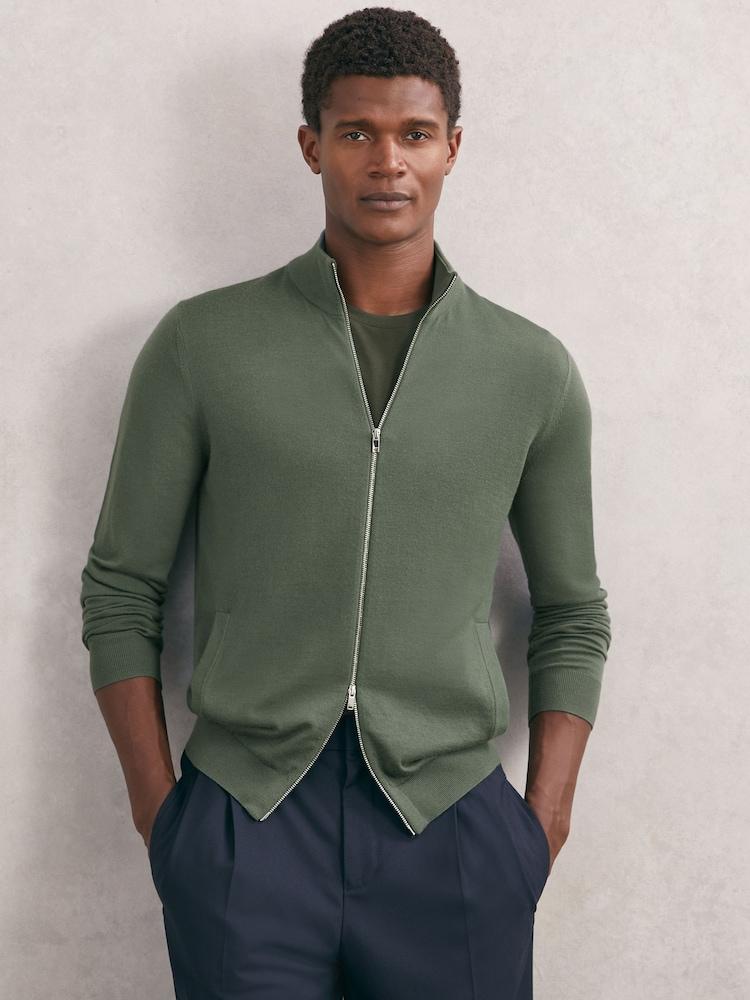 reiss Merino Wool Zip-Through Cardigan in Kale Green
