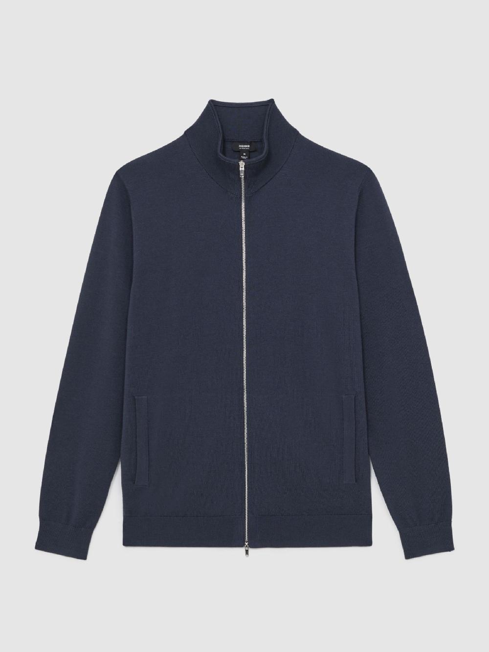Reiss Merino Wool Zip Through Cardigan In Midnight Navy