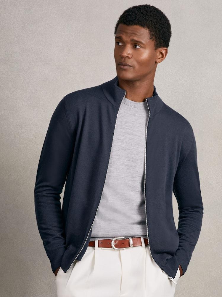 reiss Merino Wool Zip Through Cardigan in Midnight Navy