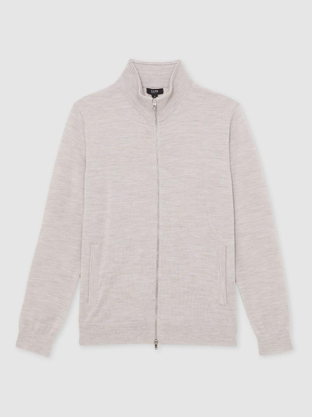 Reiss Merino Wool Zip Through Cardigan In Wicker Brown Melange