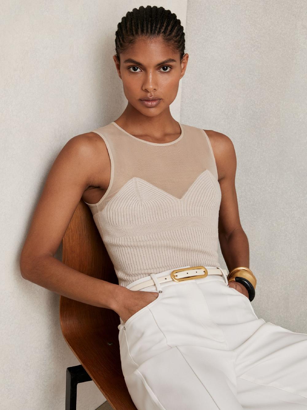 Reiss Mesh Rib-Knit Sweetheart Vest In Pink Neutral