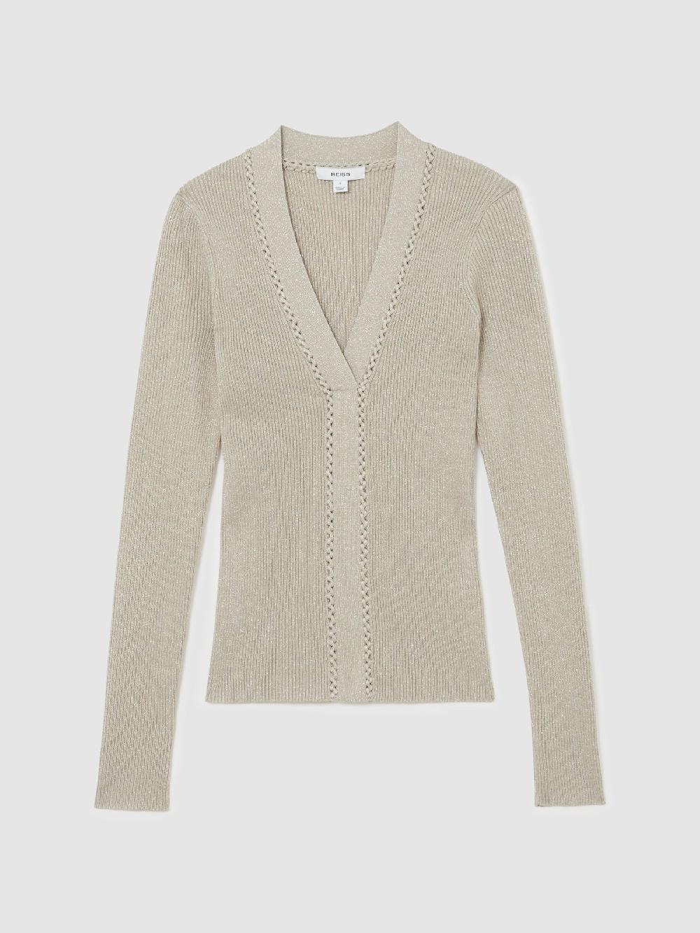 Reiss Metallic Craft-Stitch Rib-Knit Top In Champagne