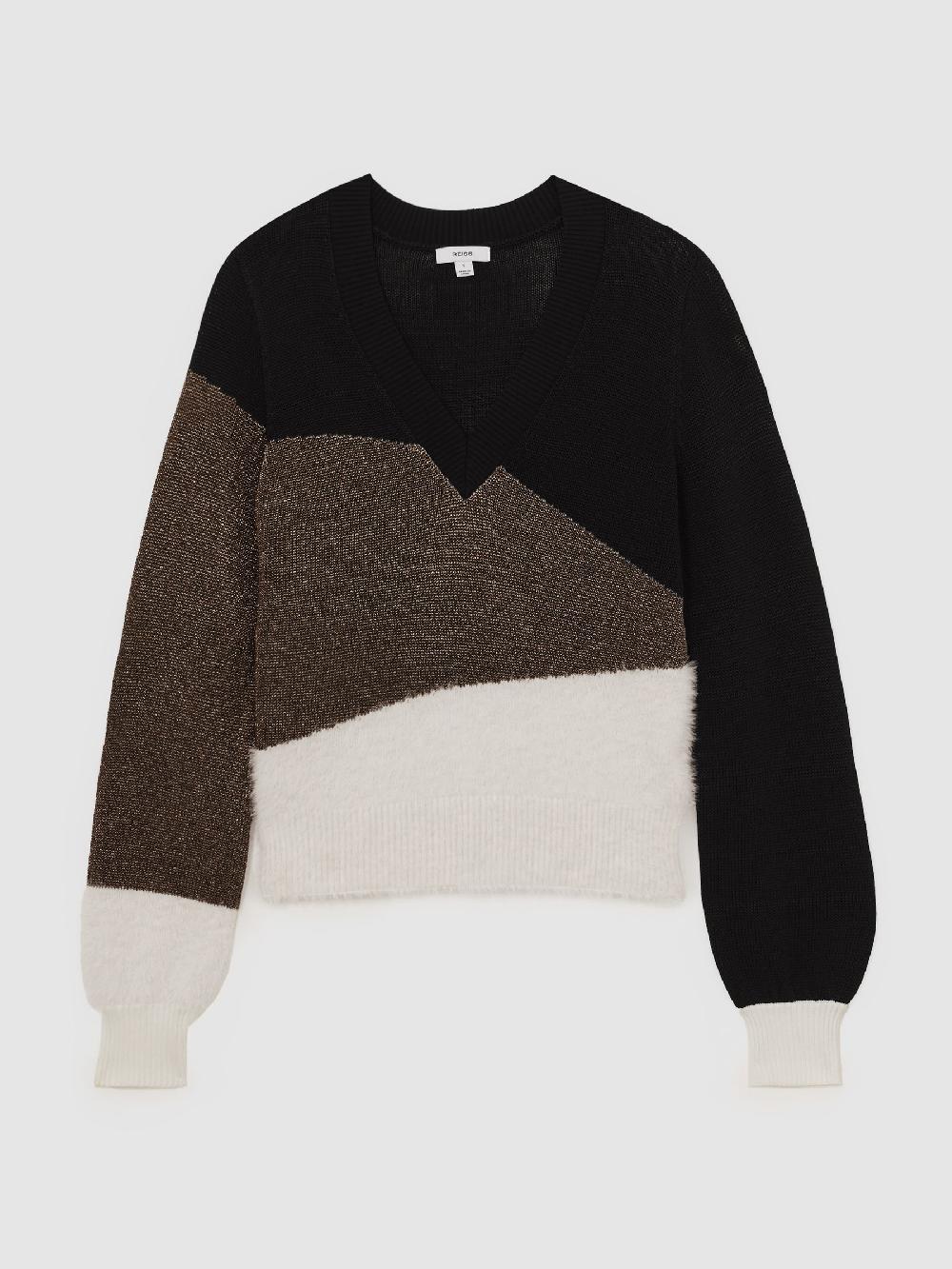 Reiss Metallic-Knit Panelled V-Neck Jumper In Black/White/Metallic