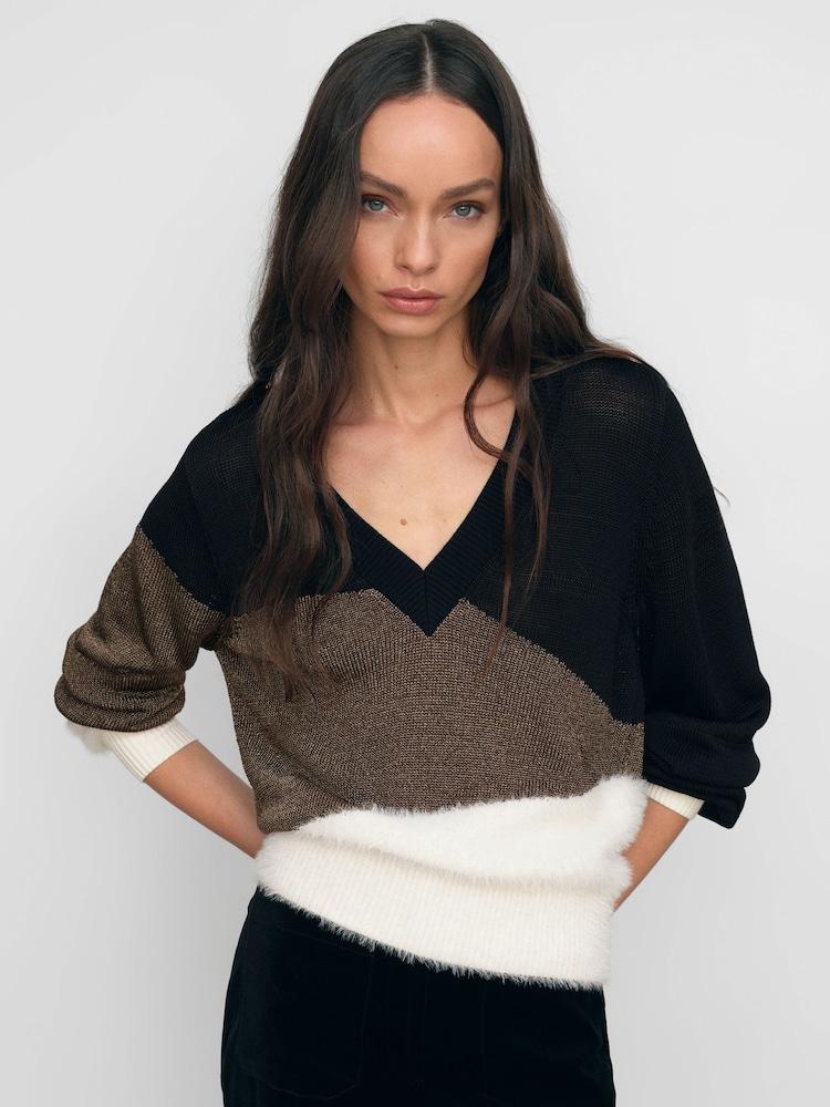 reiss Metallic-Knit Panelled V-Neck Jumper in Black/White/Metallic