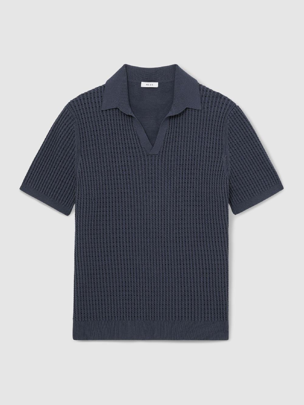 Reiss Micro-Cable Open-Collar Cotton-Blend Shirt In Dark Airforce Blue