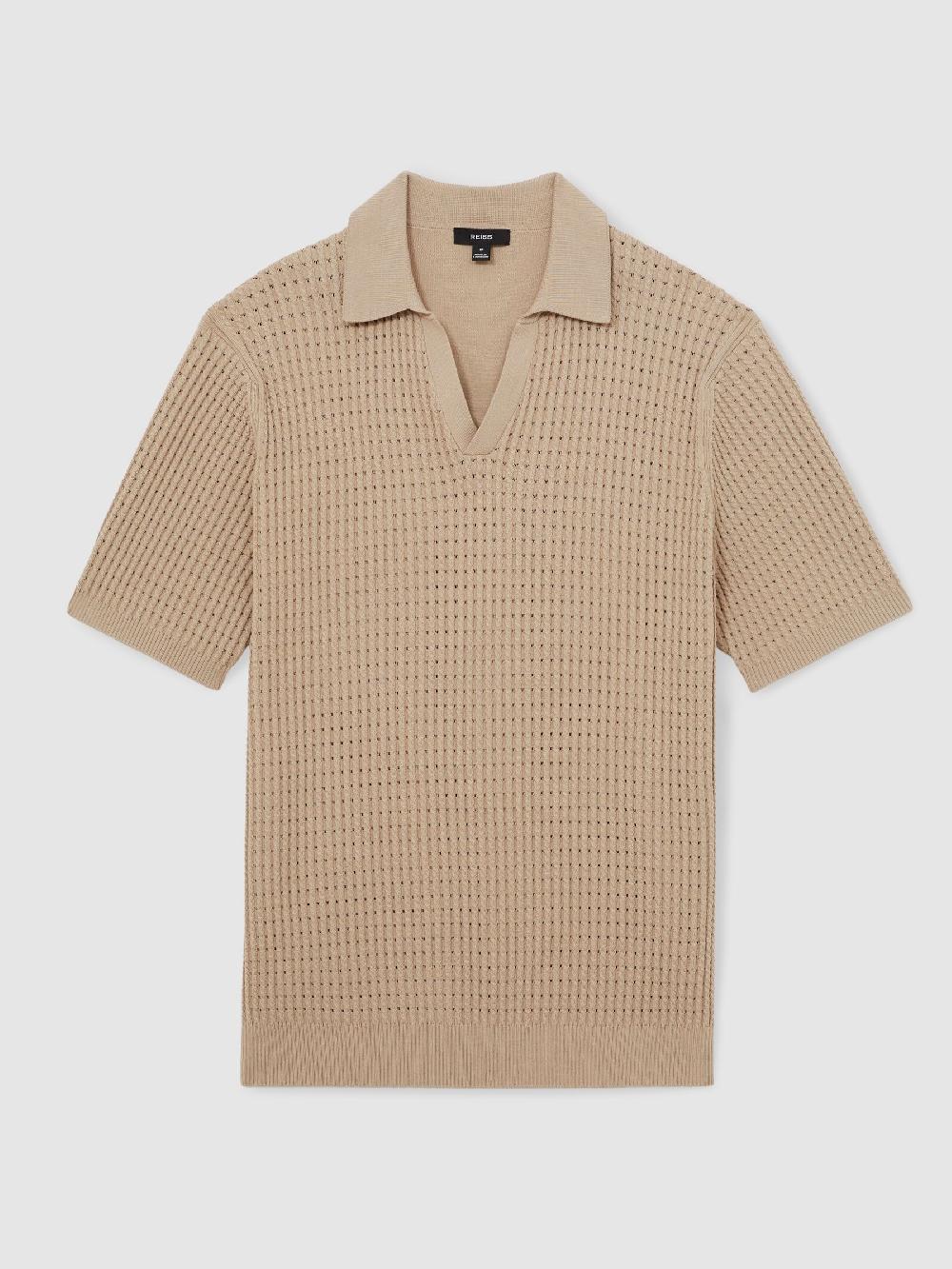 Reiss Micro-Cable Open-Collar Cotton-Blend Shirt In Light Camel Brown