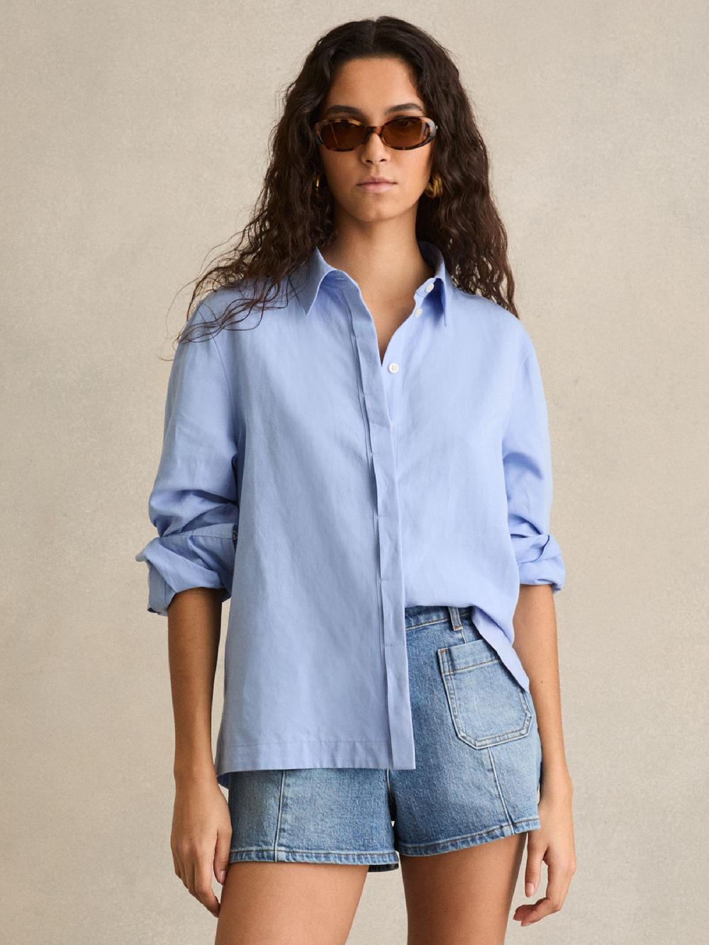 Reiss Mid-Rise Patch Pocket Denim Shorts In Mid Blue