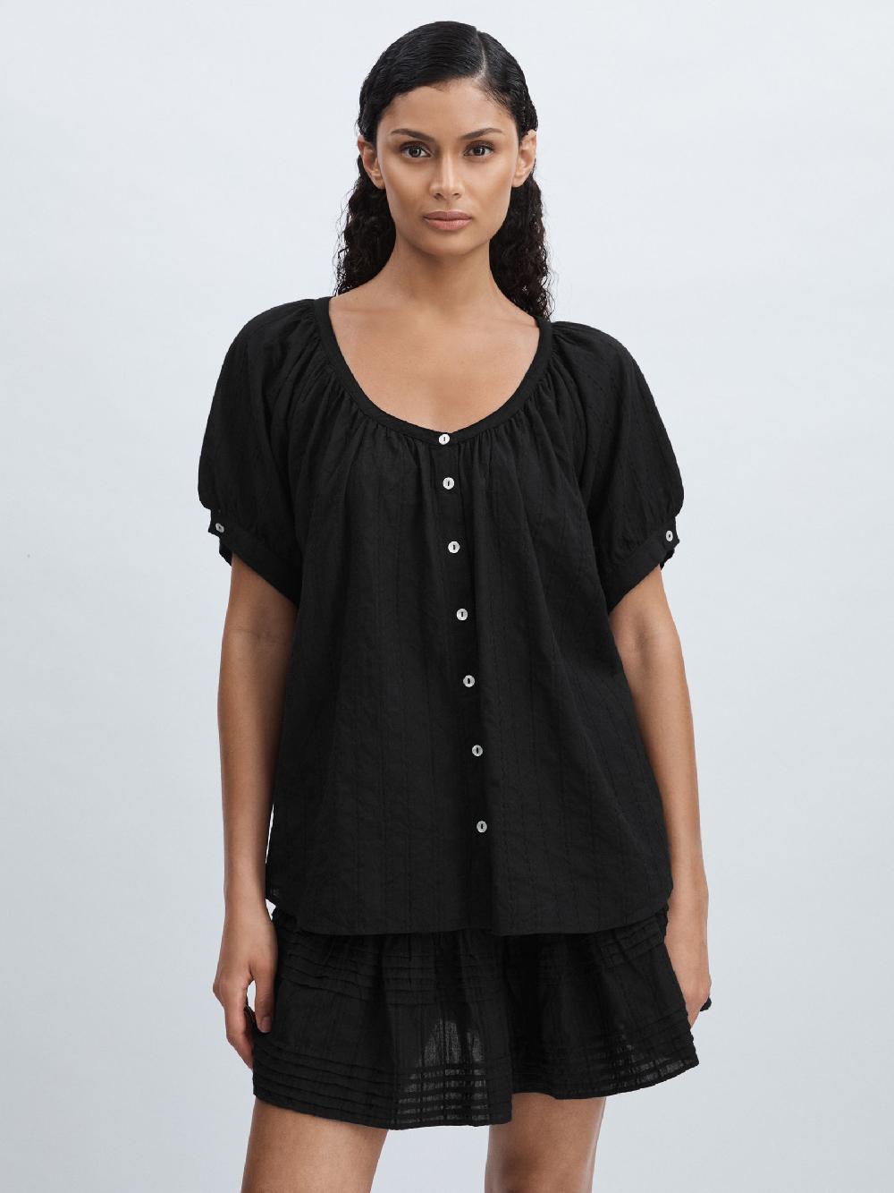 Reiss Mille Puff-Sleeve Button-Through Top In Black