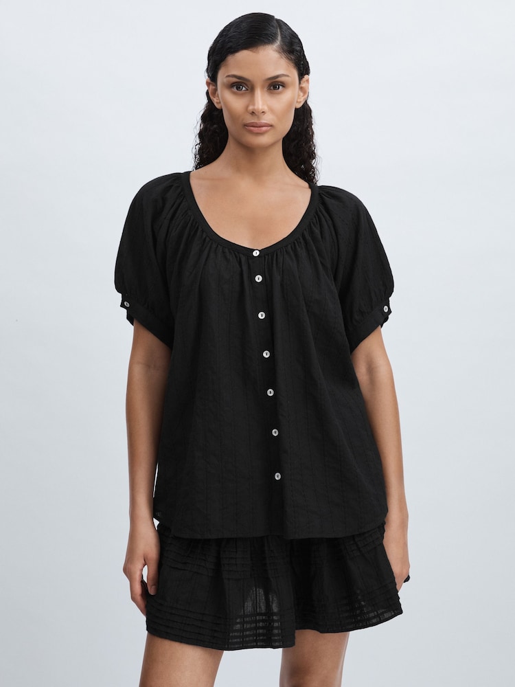 reiss Mille Puff-Sleeve Button-Through Top in Black