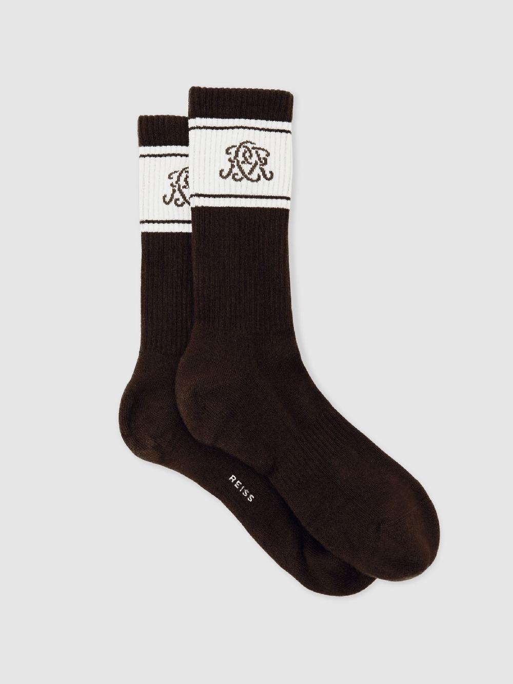 Reiss Monogram Cotton-Blend Rib Sport Socks In Chocolate Brown/Ecru/Navy