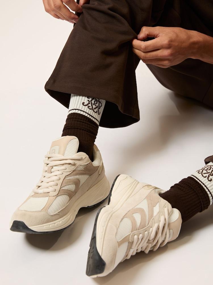 reiss Monogram Cotton-Blend Rib Sport Socks in Chocolate Brown/Ecru/Navy