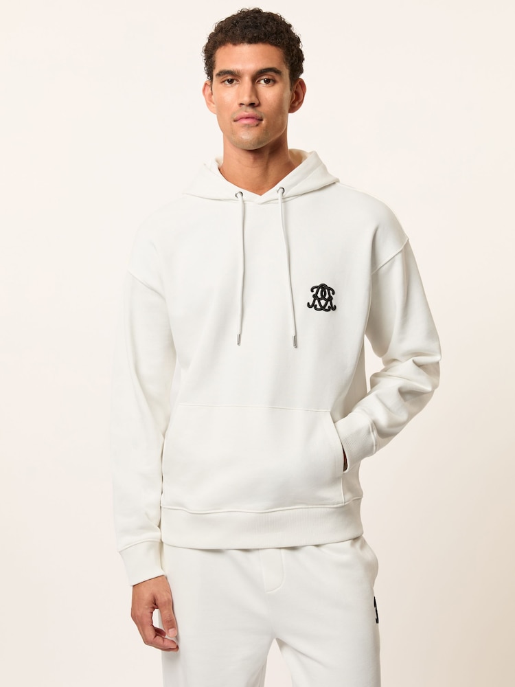 reiss Monogram Cotton Oversized Hoodie in Off White