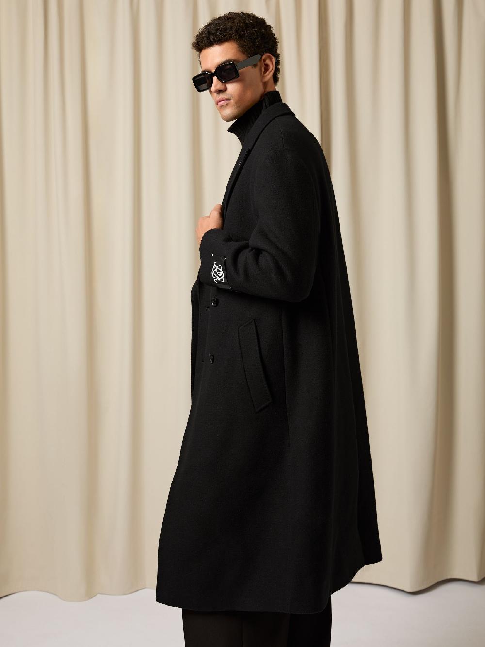 Reiss Monogram Double-Breasted Relaxed Coat Wool-Blend In Black