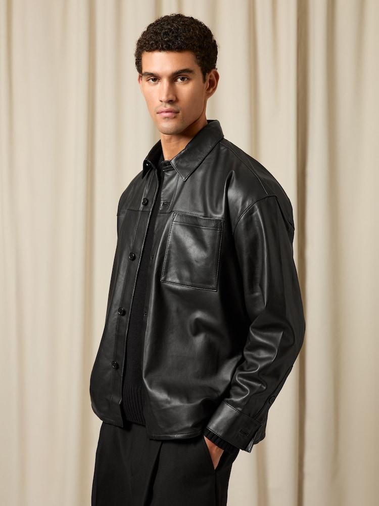 reiss Monogram Embossed Leather Jacket Relaxed-Fit in Black