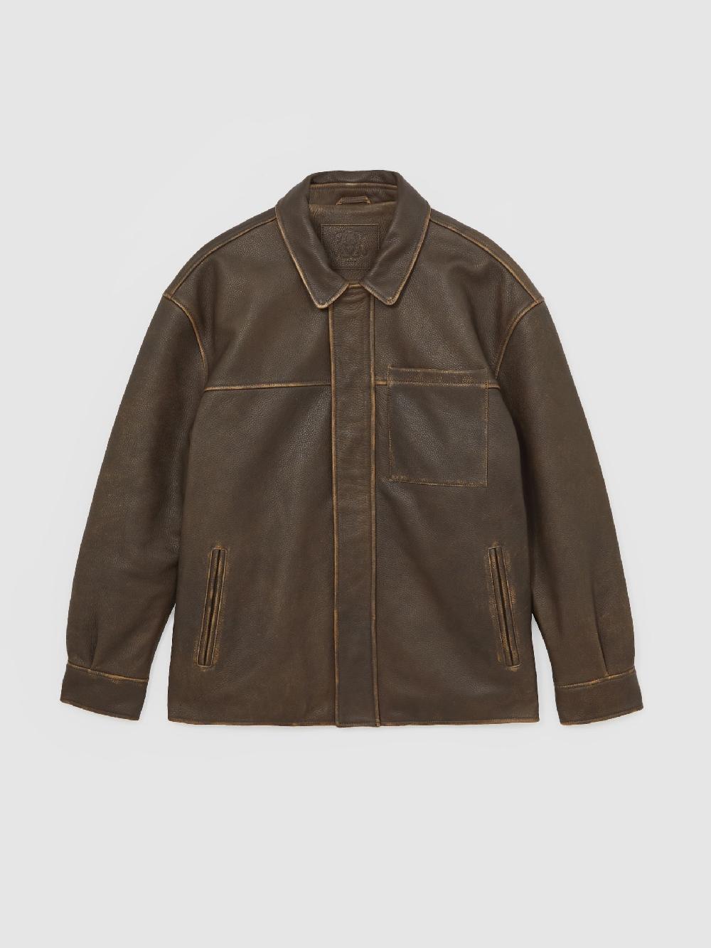 Reiss Monogram Embossed Leather Jacket Relaxed-Fit In Brown