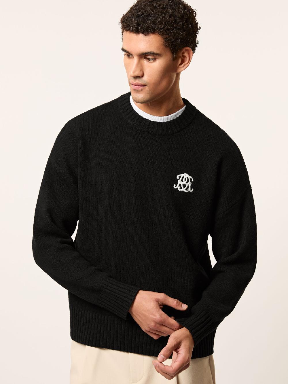 Reiss Monogram Embroidered Relaxed Jumper Wool In Black