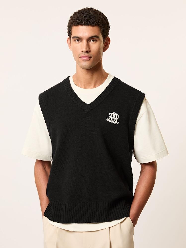 reiss Monogram Embroidered Relaxed Wool Vest in Black