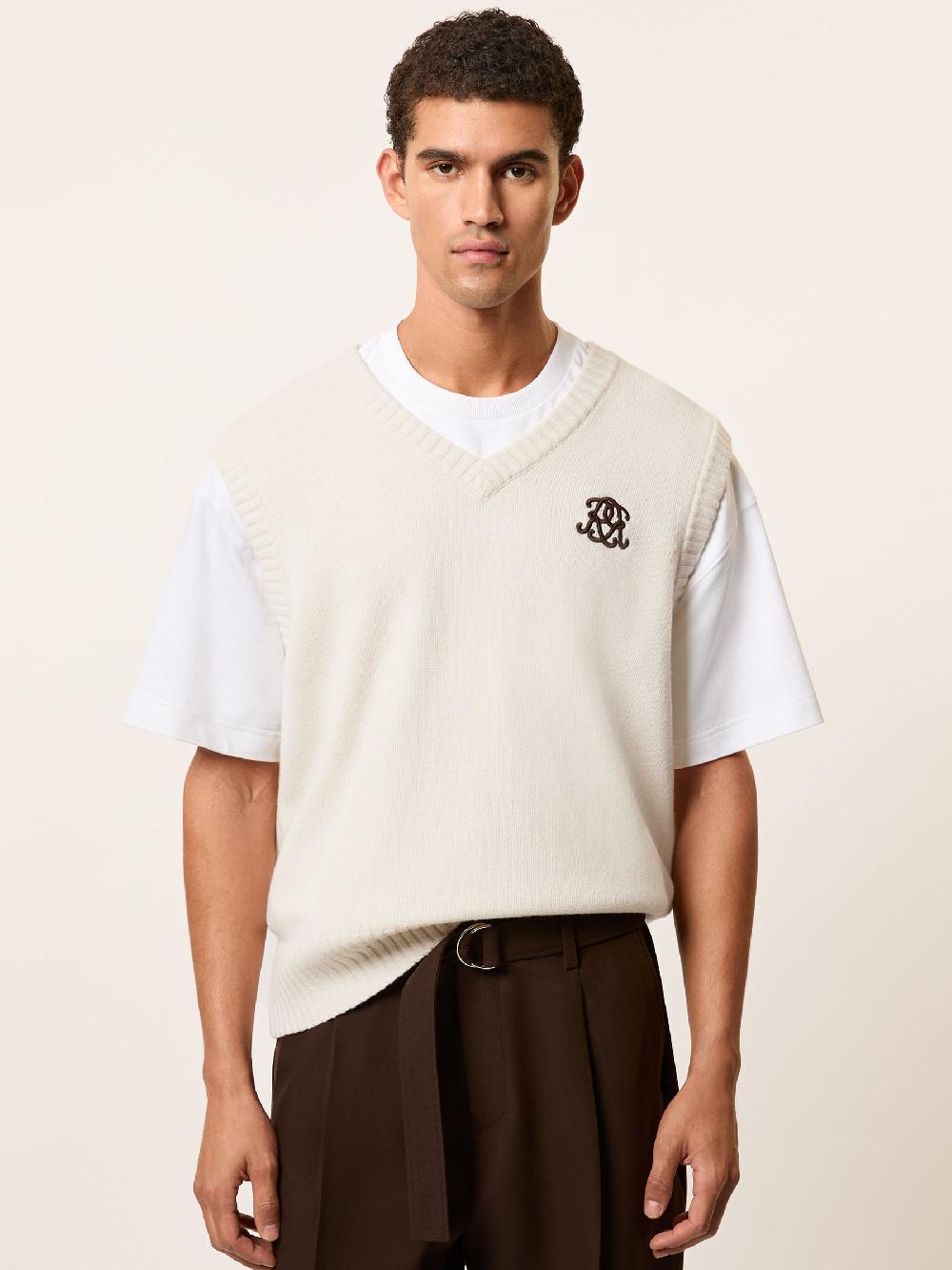 Reiss Monogram Embroidered Relaxed Wool Vest In Off White