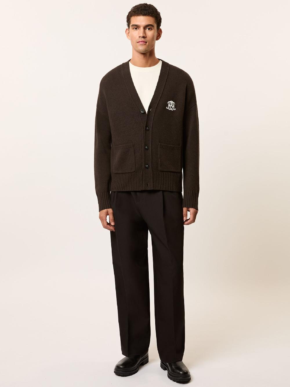 Reiss Monogram Embroidery Relaxed Cardigan Wool In Brown