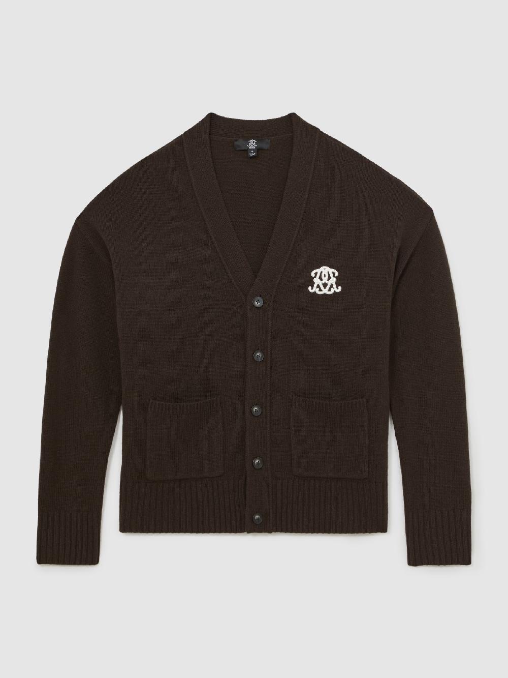 Reiss Monogram Embroidery Relaxed Cardigan Wool In Brown