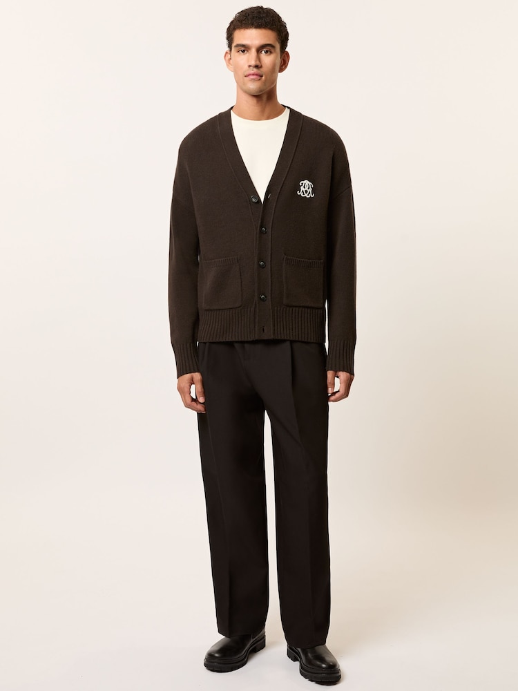 reiss Monogram Embroidery Relaxed Cardigan Wool in Brown