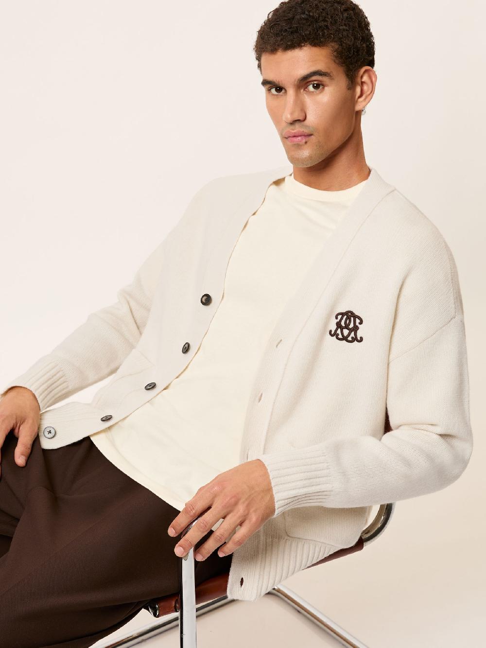 Reiss Monogram Embroidery Relaxed Cardigan Wool In Off White