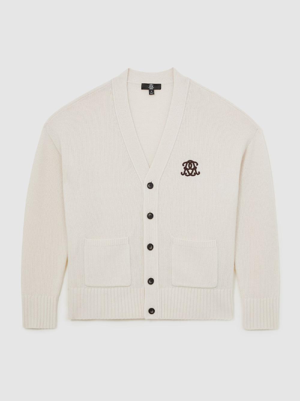 Reiss Monogram Embroidery Relaxed Cardigan Wool In Off White